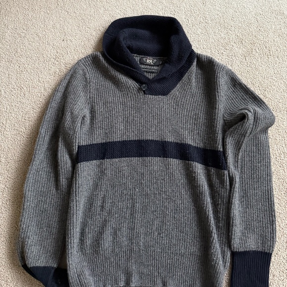 Ralph Lauren Double RL Men's Gray Navy Wool Shawl Collar Pullover Sweater Size S - Picture 1 of 4